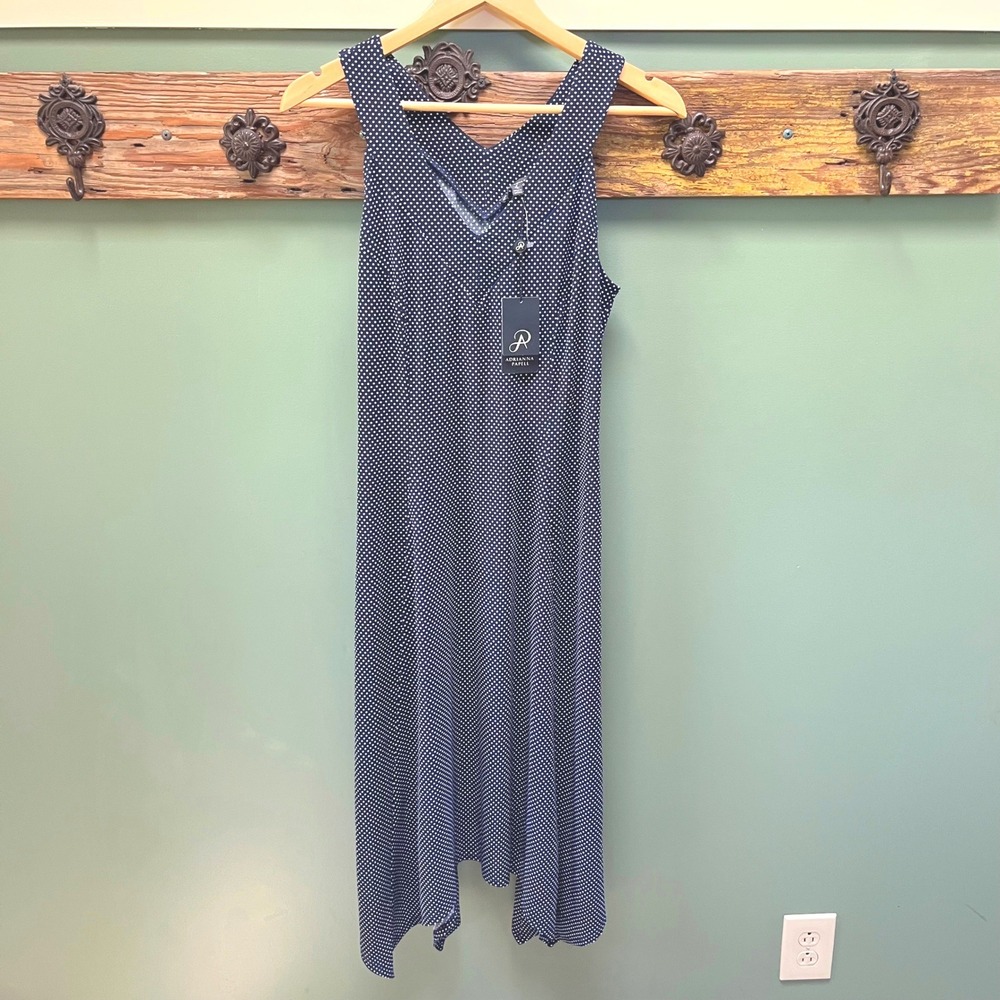 Adrianna Papell Navy Polka Dot Sharkbite Hem‎ Midi Dress Womens Size S